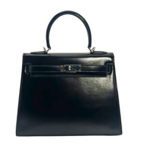 kelly size 28 genuine cowhide black box texture women's handbag, purely handmade with silver hardware, single handle and single shoulder strap, suitable for daily work commuting, weekend date and party.
