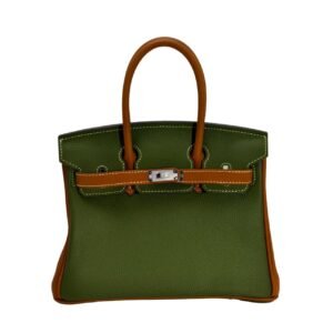 birkin bag size 30, two tone green and brown cowhide leather with gold buckle, horizontal design, women's single shoulder strap crossbody bag, medium size, large capacity, suitable for daily travel no logo