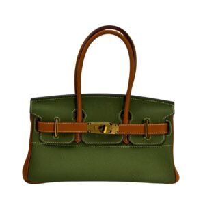 birkin bag size 30, two tone green and brown cowhide leather with gold buckle, horizontal design, women's single shoulder strap crossbody bag, medium size, large capacity, suitable for daily travel no logo